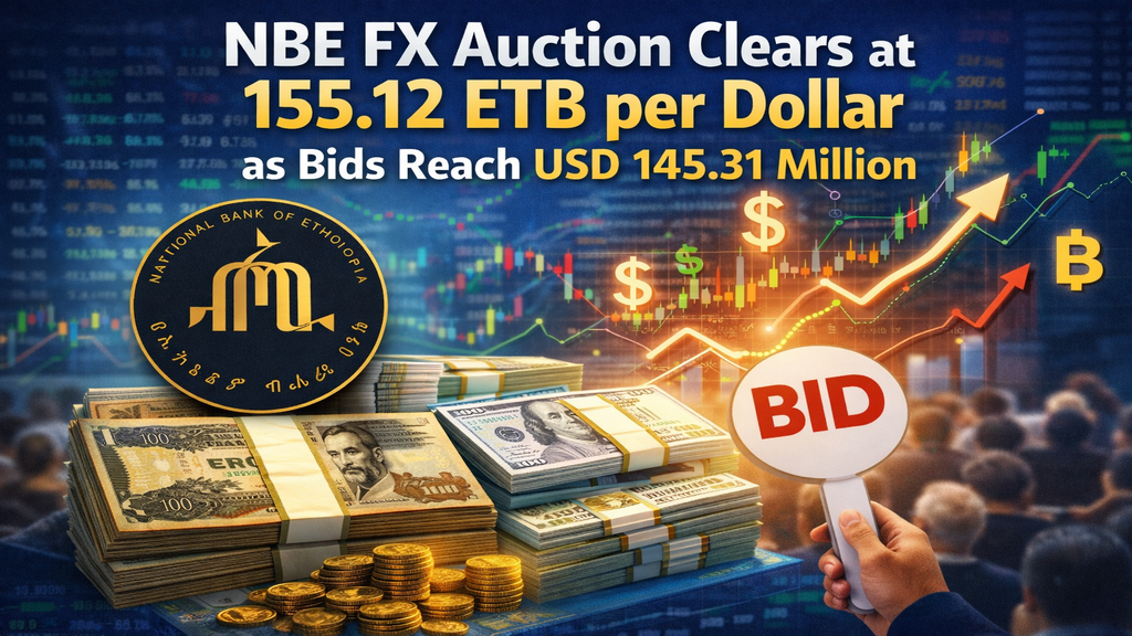 NBE FX Auction Clears at 155.12 ETB per Dollar as Bids Reach USD 145.31 Million