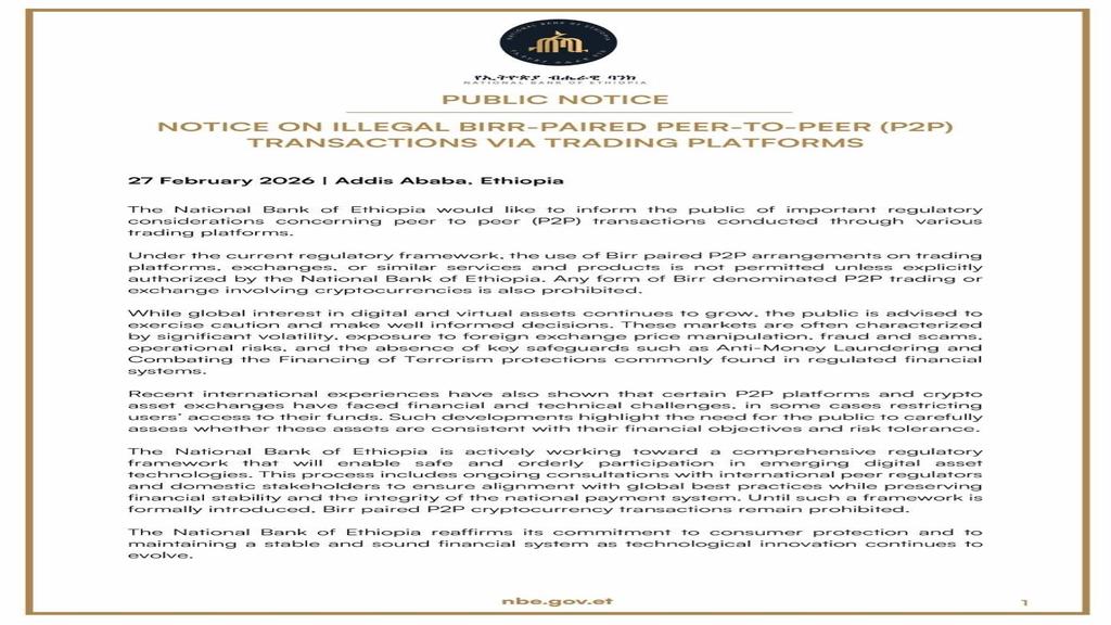 NBE Prohibits Birr-Paired P2P Trading on Digital Platforms